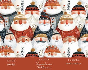 1x Cozy Christmas Santa Seamless Pattern Festive Gnome Nordic Digital Design for Holiday Fabric, Wallpaper & Backgrounds, Sublimation