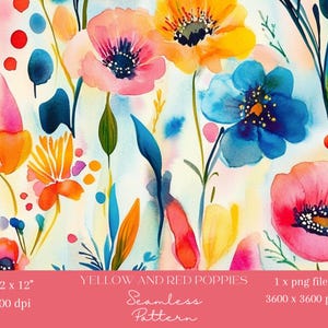 May include: A seamless pattern featuring watercolor illustrations of yellow, red, and blue poppies. The background is a light cream color with a subtle watercolor wash.