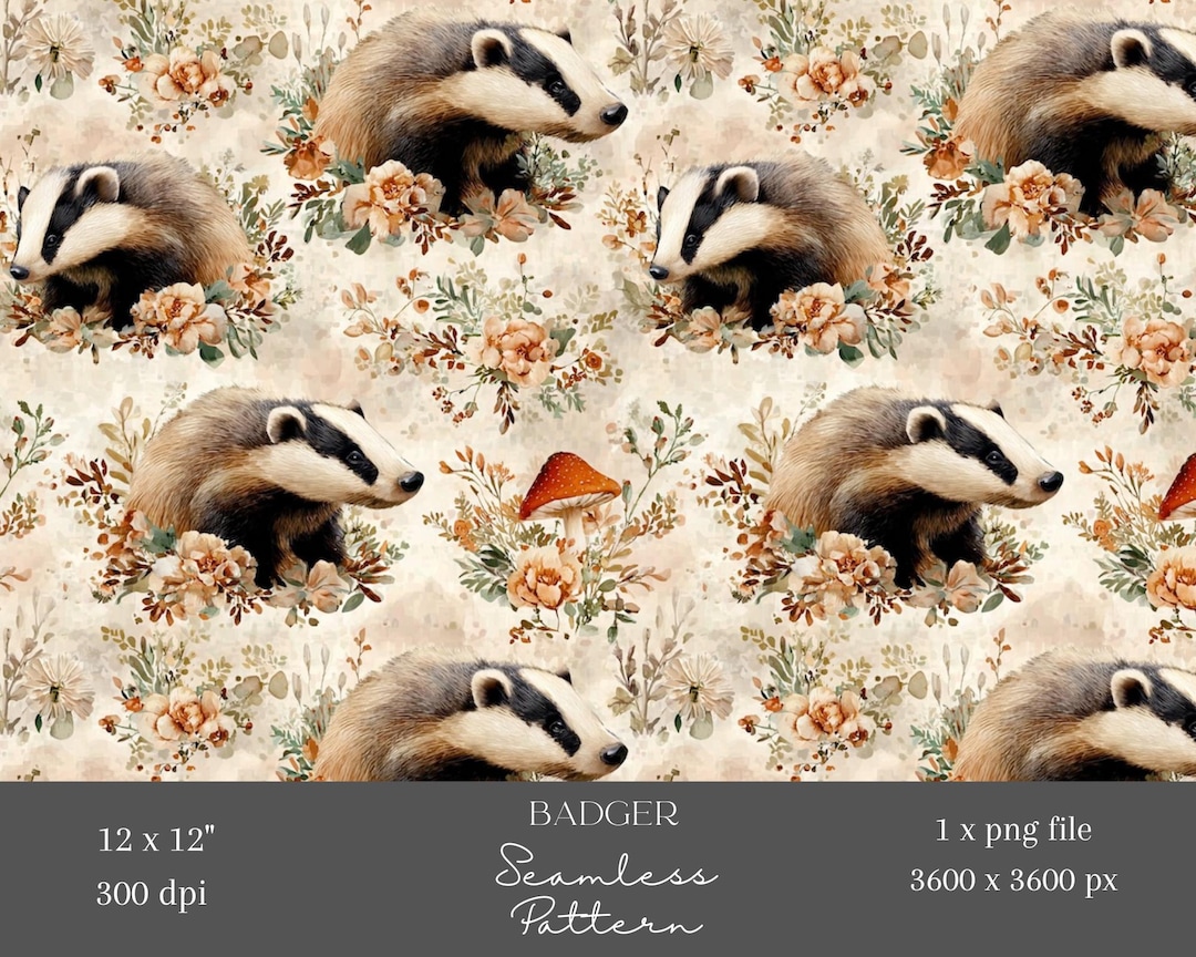 Badger Pattern Refs 1 X Woodland Badger Seamless Digital Pattern Cottagecore Forest Animal ...