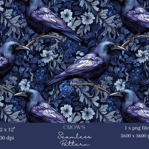 Puede incluir: Un patrón sin costuras que presenta cuervos azul oscuro posados en ramas en medio de un fondo de diseños florales azules y blancos. El patrón mide 30,48 cm por 30,48 cm y 300 dpi.
