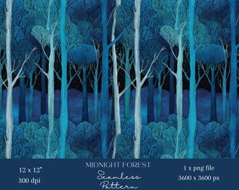 1x Blue Woodland Seamless Pattern Midnight Forest Repeat File Dark Nature Fabric Enchanted Trees Wallpaper Moody Forest Sublimation