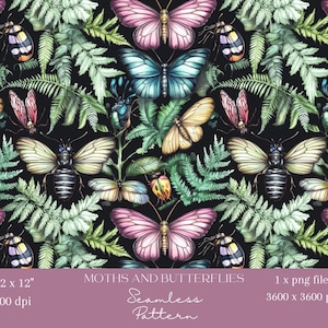 1x Insekt und Farn auf Schwarz Nahtloses Muster Digitales Papier Stoff Botanischer Käfer Tapete Scrapbooking Digitaler Hintergrund, sich wiederholendes Muster