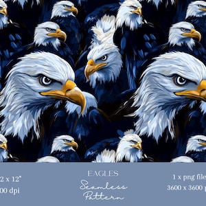 Może przedstawiać: Wzór bez szwów z powtarzającym się motywem łysych orłów z białymi głowami i żółtymi dziobami. Orły znajdują się na ciemnoniebieskim tle.