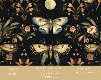 1x  Moth and Moon Seamless Pattern Digital Paper Fabric Insect Floral Wallpaper Digital Dark Background Butterfly Repeating Pattern