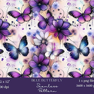 1x Blauer Schmetterling Nahtloses Muster Scrapbooking Digitales Papier Lila Blume Hintergrund Floral Sublimationsmuster Junk Journalling