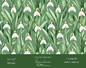 1x Archivo de patrón continuo repetitivo de flores de campanilla de invierno verdes para estampado de tela, scrapbooking, fondo digital, papel digital para sublimación
