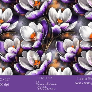 1x Papel de parede digital com padrão floral sem costura Crocus, tecido com estampa de flores roxas e brancas, fundo com design digital floral