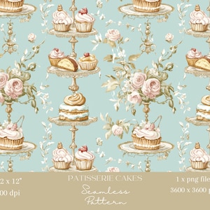 1x Französisches Cafe Bistro Nahtloses Muster Cafe Sich wiederholender Stoffdruck Kuchen Tapete Scrapbooking Hintergrund Digitale Croissant Sublimation