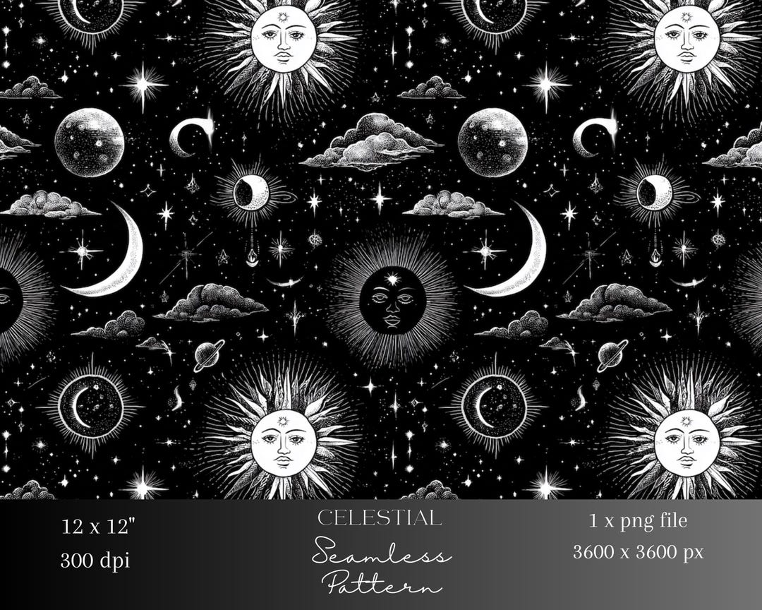 1x Celestial Sun Moon Seamless Digital Pattern Mystical Night Sky ...