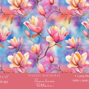 Op de afbeelding: Een naadloos aquarelpatroon met pastelkleurige magnoliabloemen in roze, perzik en crème, tegen een levendige, gemengde achtergrond van blauw, paars en oranje. Het ontwerp bevat de tekst "PASTEL MAGNOLIA Seamless Pattern".