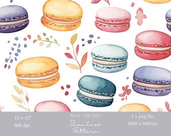 1x Macaron Français Motif Sans Couture Aquarelle Nourriture Répétant Tissu Impression Papier Peint Scrapbooking Fond Numérique Dessert Sublimation