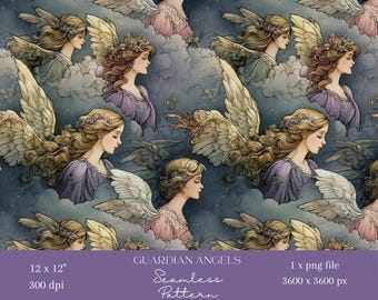 1x Guardian Angels Seamless Pattern Celestial Fairy Repeat File Ethereal Angel Wings Fabric Romantic Fantasy Wallpaper Heavenly Sublimation