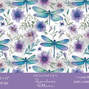Peut inclure: Un motif sans couture avec des libellules et des fleurs à l'aquarelle dans des tons de bleu, de sarcelle et de violet sur fond blanc. Le motif comprend des éléments floraux et le texte "DRAGONFLIES Seamless Pattern".