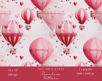 May include: Watercolor illustration of a seamless pattern featuring pink hot air balloons with heart accents. The balloons have striped and solid designs, with small red hearts scattered throughout. The image includes the text "HOT AIR BALOON Seamless Pattern".