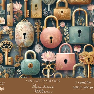 1x Vintage Padlock Seamless Digital Pattern Floral Locks Fabric Repeating Tile Metal Objects Wallpaper Artistic Hardware Sublimation