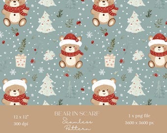 May include: Seamless pattern featuring cartoon bears wearing red scarves and Santa hats, surrounded by white Christmas trees, snowflakes, and gift boxes on a teal background. The pattern is 12 x 12 inches and 300 dpi.