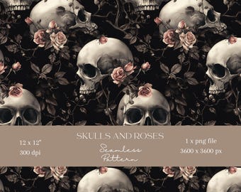 1x Skulls and Roses Digital Paper Seamless Pattern Scrapbooking Paper Digital Background Sublimation Pattern Junk Journaling printables