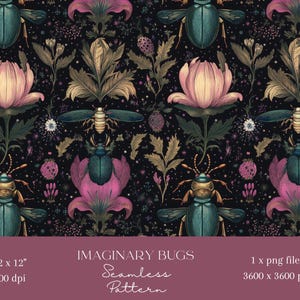 Op de afbeelding: Een naadloos patroon met een donkere achtergrond met roze bloemen, groene bladeren en blauwe kevers. Het patroon is 12 inch bij 12 inch en heeft een resolutie van 300 dpi.