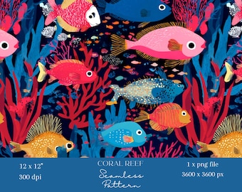 1x kleurrijke tropische vissen naadloos digitaal patroon onderwater oceaan herhalen print stof, behang, inpakpapier sublimatie scrapbooking