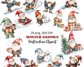 25x Winter Gnomes Clipart Set, Printable Watercolour PNGs, Christmas Digital Download, Festive Graphic