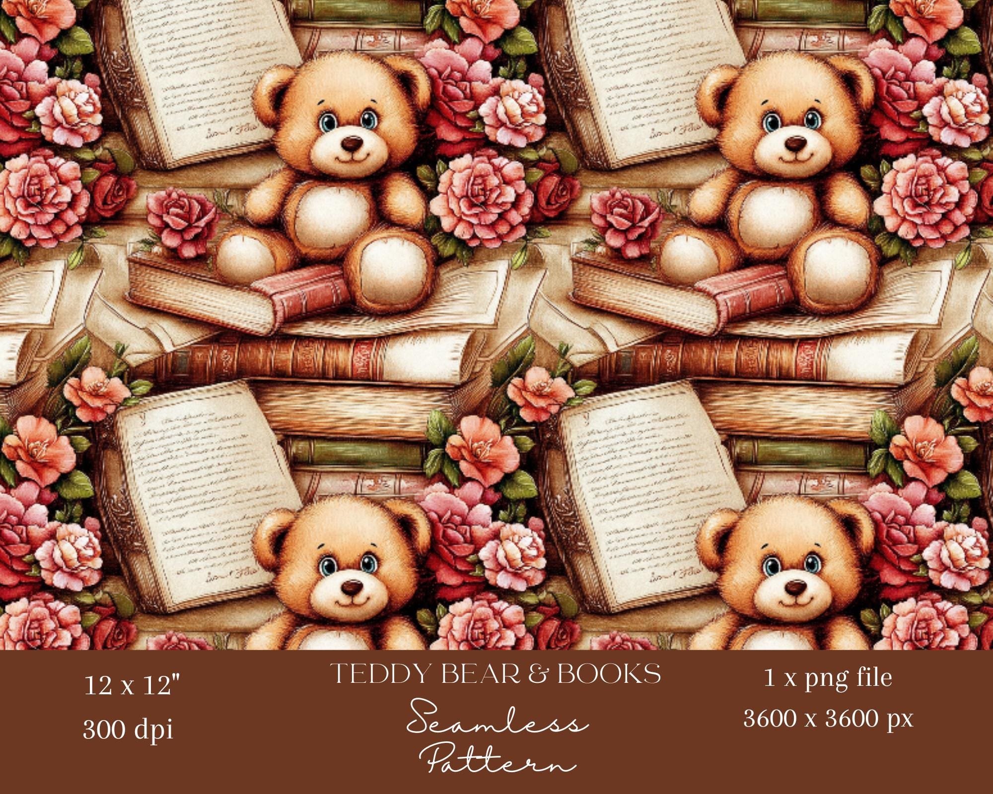 1x Teddy Bear and Books Seamless Digital Pattern Repeating File