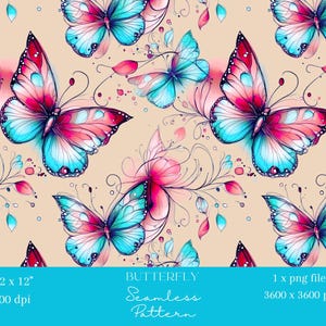 1x Aquarell Blau Rosa Schmetterling auf Beige Nahtloses Muster Insekt Wiederholungsdatei Stoff Druck Hintergrund Digitales Papier Tier Sublimation