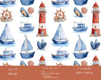 1x Patrón digital náutico sin costuras, acuarela, faro rojo, velero, diseño de conchas marinas, tela costera, papel tapiz oceánico, playa, sublimación