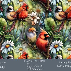 1x Cardinal Bird Seamless Digital Pattern Garden Birds Repeat Tile Botanical Floral Wallpaper Cottagecore Wildflower Fabric Sublimation