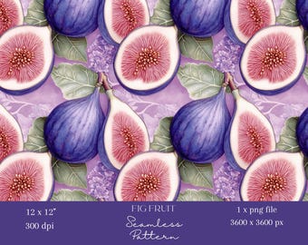 May include: A seamless pattern featuring watercolor illustrations of purple figs and pink fig halves on a light purple background. The figs are arranged in a repeating pattern, with some figs whole and others cut in half, revealing the pink flesh inside.