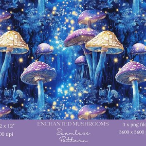 1x Magisch leuchtende Pilz Wald nahtlose Muster Fantasy druckbare Hintergrund für Tapete, Stoff, Geschenkpapier & Sublimation