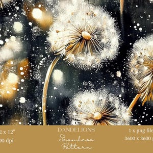1x Dandelions Flower Watercolour Paper Fabric Spring Seamless Pattern Scrapbooking Floral Digital Background Dark Sublimation pattern