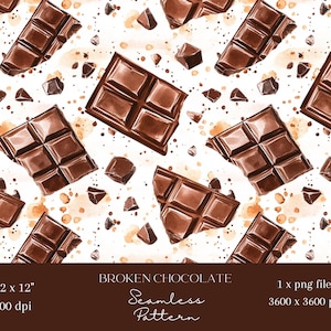 May include: A seamless pattern featuring watercolor illustrations of broken chocolate pieces on a white background. The chocolate is brown and has a realistic texture. The pattern is perfect for use in digital and print projects.