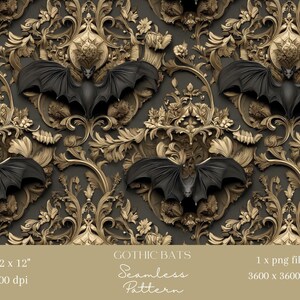 May include: Seamless pattern featuring black bats with outstretched wings set against a dark gray background with ornate gold filigree and floral designs. The text "Gothic Bats" and "Seamless Pattern" are included.