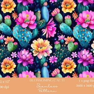 1x Modello digitale di cactus con fiori colorati Carta per cactus Modello senza cuciture File ripetuto per tessuto Scrapbooking Modello di sublimazione digitale