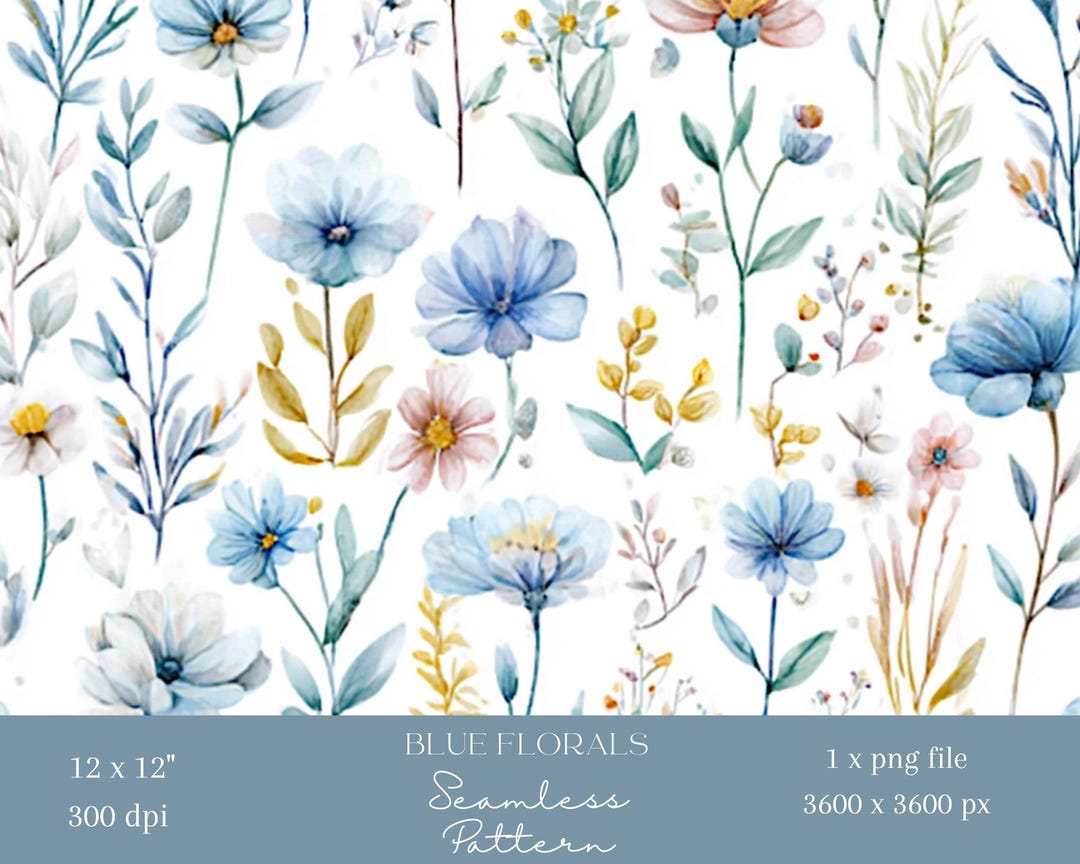 1x Watercolour Floral Digital Seamless Pattern Blue Flower Repeating ...