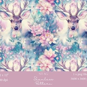 1x Carta da parati digitale con motivo di cervi e fiori senza soluzione di continuità, motivo di animali del bosco, tessuto da imballaggio, sfondo digitale con renne, scrapbooking