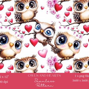 1x motif hibou sans couture adorable hiboux marron avec coeurs roses sur fond blanc pour papier peint de chambre d'enfant, tissu, papier d'emballage et sublimation