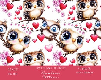 1x Seamless Owl Pattern Adorable Brown Owls with Pink Hearts on White Background for Nursery Wallpaper, Fabric, Wrapping Paper & Sublimation