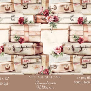 1x Retro Koffer & Blumen Nahtlose Muster Digitales Papier Stoff Floral Tapete Digital Vintage Hintergrund Reisen Rapportmuster