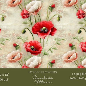 1x Mohnblume Blume auf Beige Nahtloser Digitaler Papier Stoff Florale Musterdesign Scrapbooking Papier Digitaler Hintergrund printable