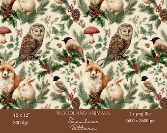 1 x Woodland Animals Seamless Digital Pattern Fox, Owl, Rabbit & Birds on Christmas Background Wallpaper Fabric Wrapping Paper Sublimation