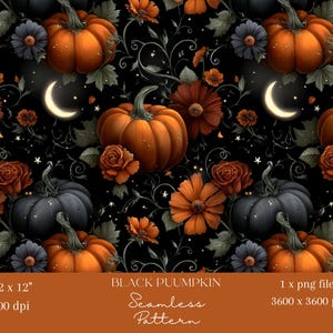 1 x Black Pumpkin Patch Autumn Seamless Digital Pattern Printable Floral Design for Wallpaper, Fabric, Halloween or Thanksgiving Sublimation