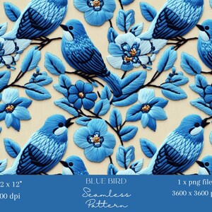 1x Blue Bird Faux Borduurwerk Digitaal Papier Stof Dieren Naadloos Patroon Scrapbooking Digitale Achtergrond Sublimatie Junk Journal