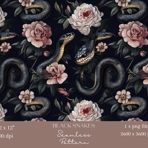 1x Papel de parede digital com padrão de cobra preta, animal e floral, tecido gótico, arquivo de repetição, padrão de fundo escuro, papel digital para scrapbooking
