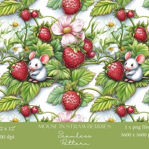 1x Maus in Erdbeeren Musterdesign Digitale Datei wiederholend Obst Tapete Kinder Stoff Druck Hintergrund Florales Digitales Design