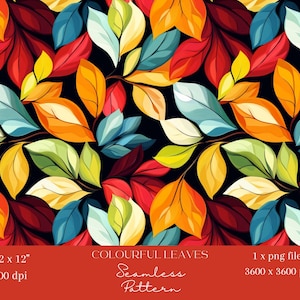 1x Nahtlose Orange Gelb Grün Blau Rot Blatt Muster Digitales Papier Bunte Laub Tapete, Stoff, Geschenkpapier, Sublimation