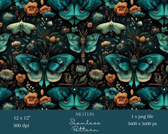1x Moth & Botanical Seamless Pattern Gothic Insect Repeat Tile Wallpaper Scrapbooking Background Digital Dark Floral Sublimation