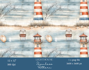 1x Watercolour Lighthouse Beach Seamless Pattern Digital Paper Fabric Nautical Wallpaper Digital Background Repeating Pattern Scrapbooking