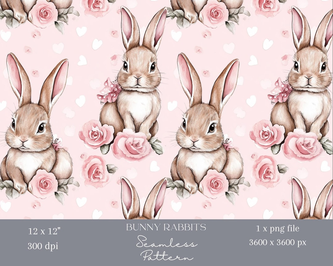 1x Watercolour Pink Bunny Rabbit With Roses Seamless Digital Paper ...