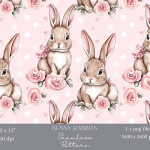 1x Aquarell Rosa Häschen mit Rosen Nahtloser Digitaler Papierstoff Nahtloses Muster Scrapbooking Hintergrund Ostern Frühling Sublimation